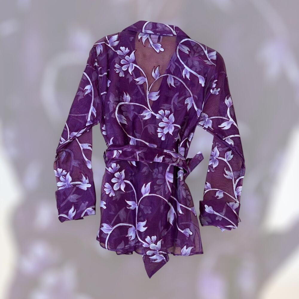 Vintage Jubilation Sheer Purple Floral‎ Embroidered Wrap Top Blouse Small USA